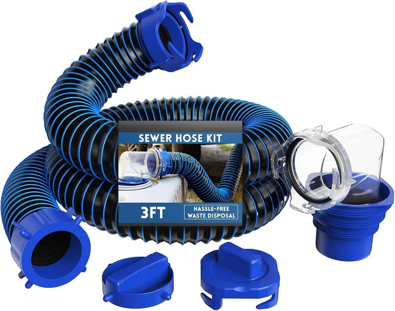 DUMPMAN RV Sewer Hose 3 Ft, Sewer Hose for RV Camper RV, Sewer Hose Kit with Swivel Fitting - Includes 90 Degree Clear View Sewer Adapter, and 2 Storage Caps - Image 1